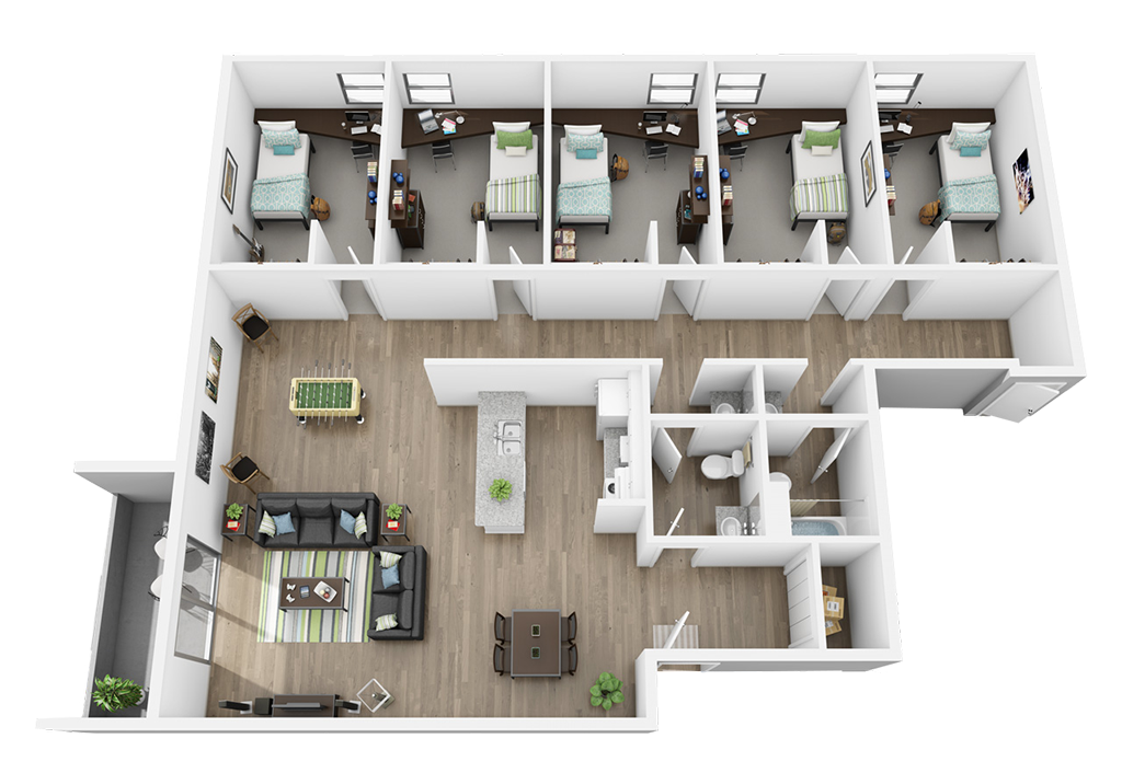 Floor plan for 5 beds, 1.5 baths, 1300 sqft